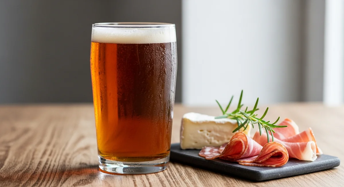 A glass of amber craft ale next to a charcuterie board with cheese and cured meats.