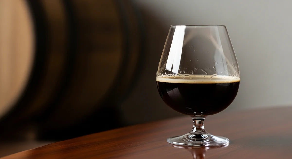 An elegant snifter glass filled with dark, wood-aged craft stout on a polished wooden table.