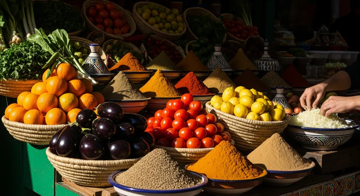 A vibrant market stall in Marrakech overflowing with fresh fruits, vegetables, and spices.