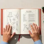 Hands rest on an open cookbook featuring Mole Negro, next to herbs, chili bowls, and handwritten ingredient labels