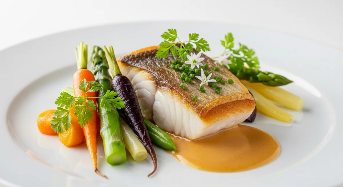A close-up of a beautifully plated, elegant French dish, showcasing high-quality ingredients and culinary artistry.