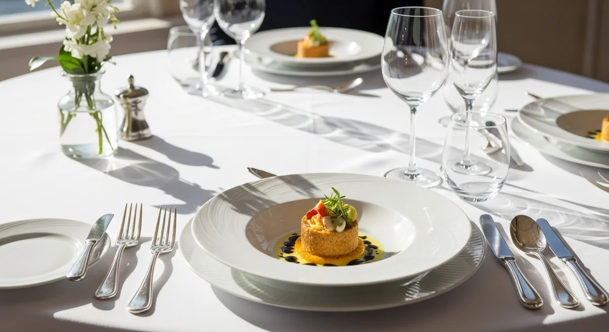A gourmet dish served on a white dinner plate atop a formally set table with glasses and cutlery