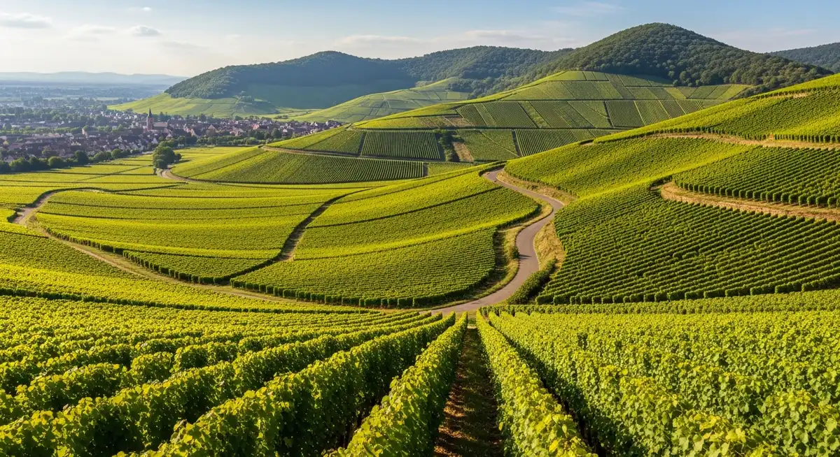 A winding road through sunlit vineyards in Alsace, suggesting a scenic wine route journey.