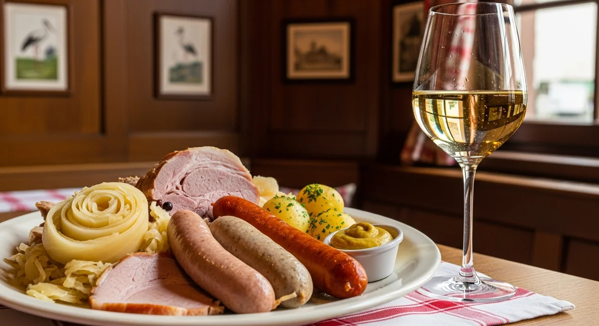 A rustic Alsatian dish of choucroute garnie next to a glass of white wine in a warm bistro.