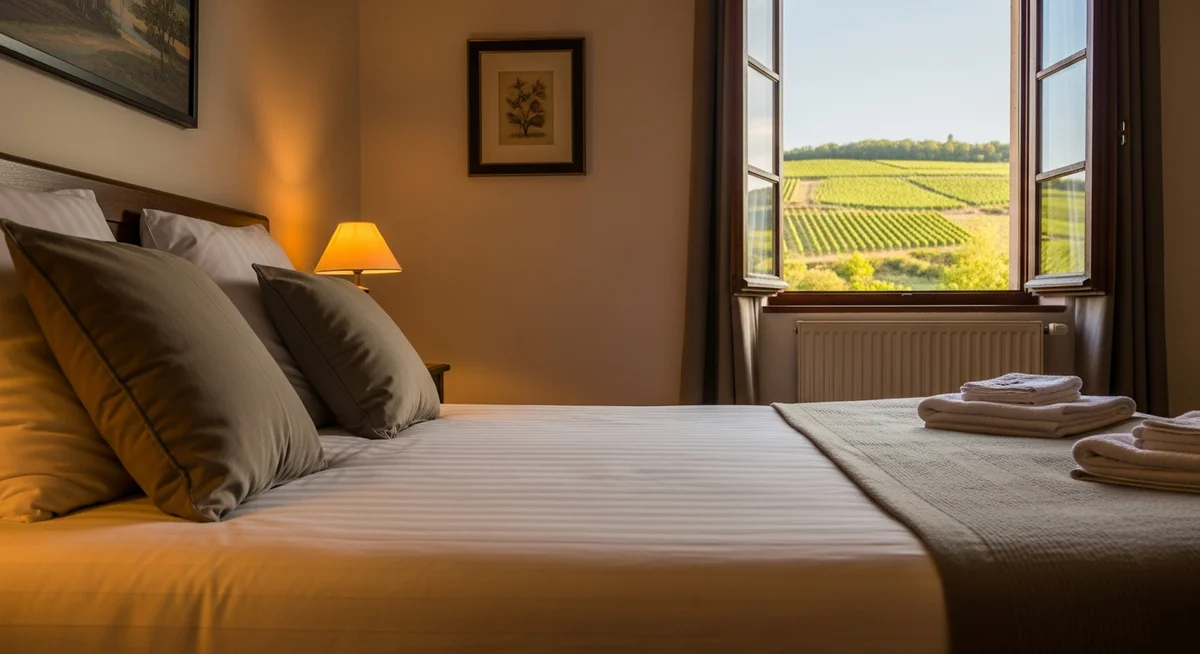 A cozy bedroom in an Alsatian 'chambre d'hôtes' with a view of vineyards from the window.