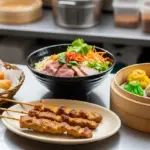 A bowl of noodle soup, bamboo steamers with colorful dumplings, skewers of meat, and spring rolls on metal surfaces