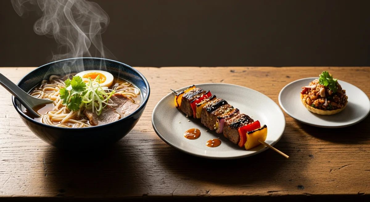A selection of three distinct Asian street food dishes – a noodle soup, grilled skewers, and a quick snack – presented on a wooden surface.