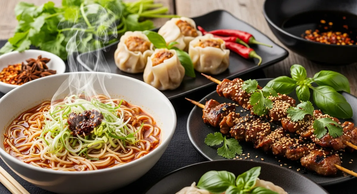A vibrant street food stall displaying an assortment of Asian dishes like noodles, grilled skewers, and steamed dumplings, garnished with fresh herbs.