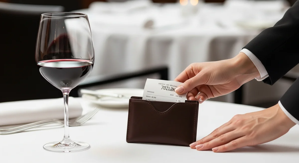 Elegant server's hands placing a bill on a table next to a glass of wine, representing tipping for service.