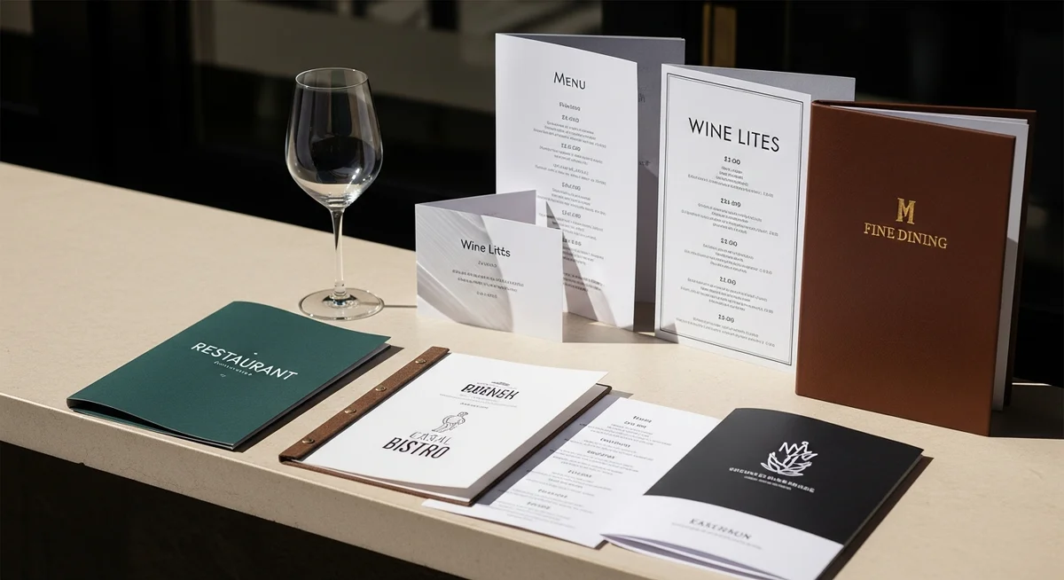 A collection of varied restaurant menus and wine lists with an elegant wine glass, symbolizing diverse corkage fee costs.