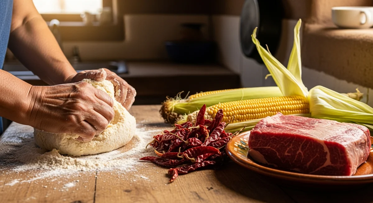 Close-up of hands kneading masa in a rustic kitchen, surrounded by chilies, corn, and beef, symbolizing the historical origins of Tex-Mex cuisine.