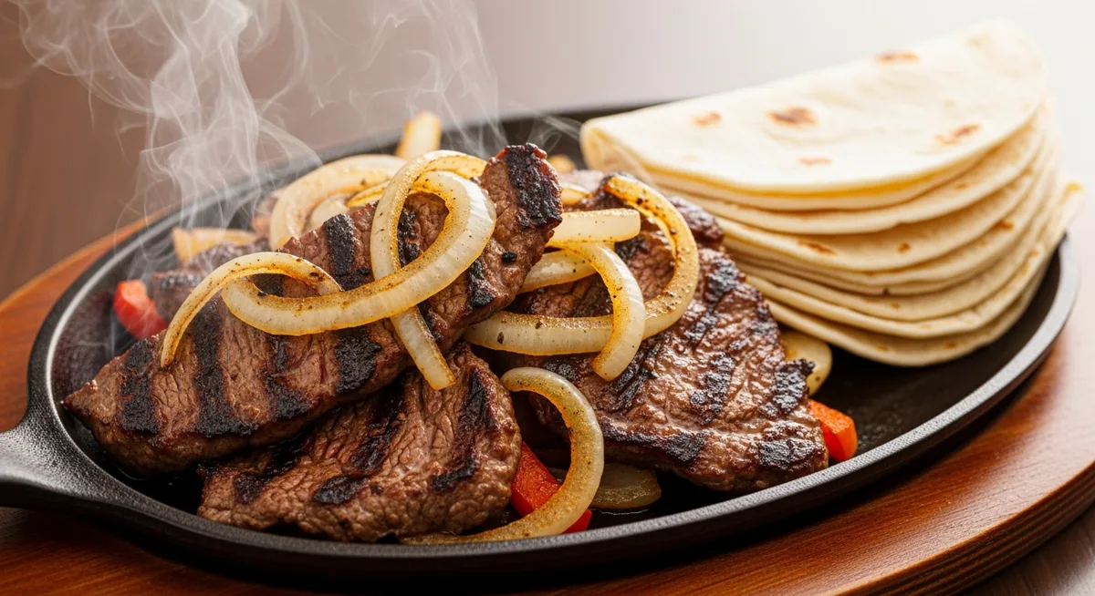 Close-up of sizzling Skirt Steak Fajitas with seared onions on a metal skillet, accompanied by warm tortillas, ready to be enjoyed.
