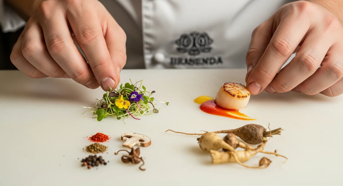 Chef's hands arranging small, artfully prepared food elements into four distinct groups on a clean surface, symbolizing menu classification.