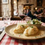 Two quenelles in a creamy sauce with a small salad sit on a plate at a restaurant table