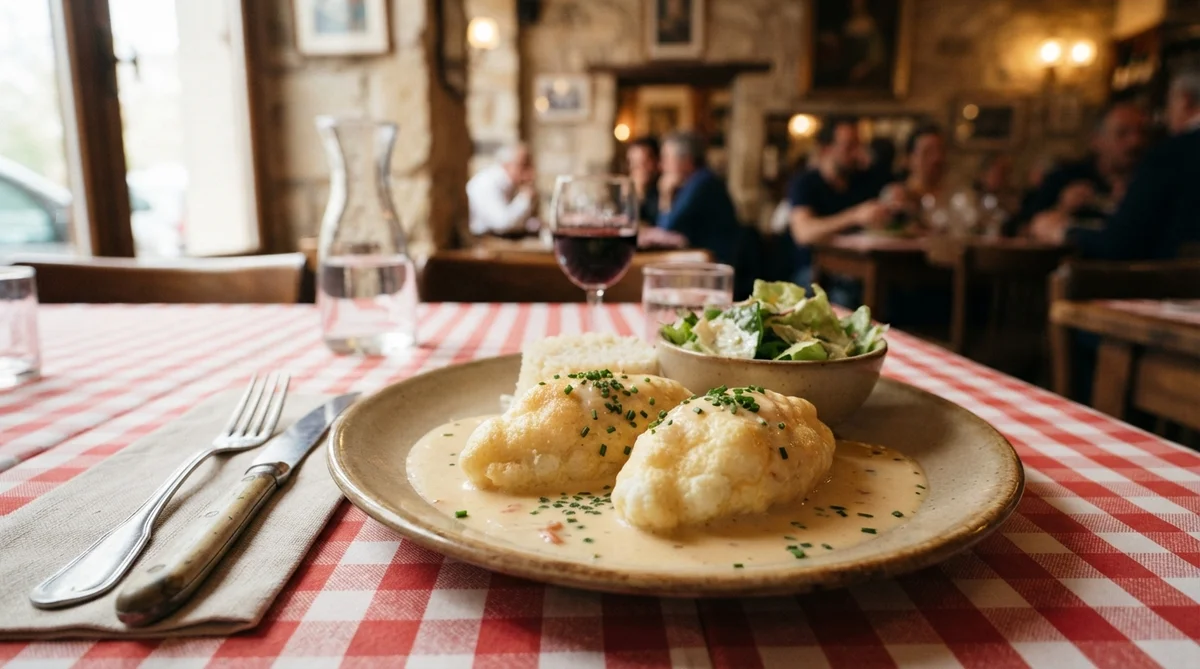 Two quenelles in a creamy sauce with a small salad sit on a plate at a restaurant table