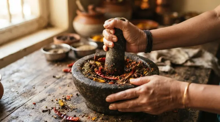 Hands crushing spices with a stone mortar and pestle on a wooden table in a rustic kitchen