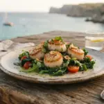 A beautifully plated dish of pan-seared scallops and local greens rests on a weathered wooden outdoor table