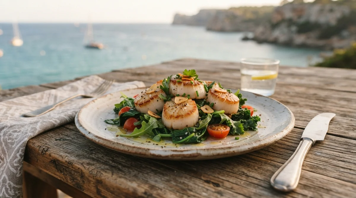 A beautifully plated dish of pan-seared scallops and local greens rests on a weathered wooden outdoor table