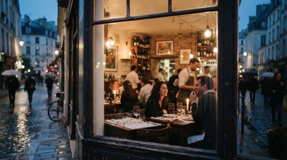 A couple dining at a table inside a warm, glass-walled bistro on a rainy, cobblestone street at dusk