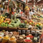 A smiling woman sells tropical fruits and spices from baskets at a bustling outdoor market