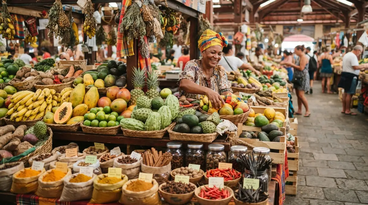 A smiling woman sells tropical fruits and spices from baskets at a bustling outdoor market