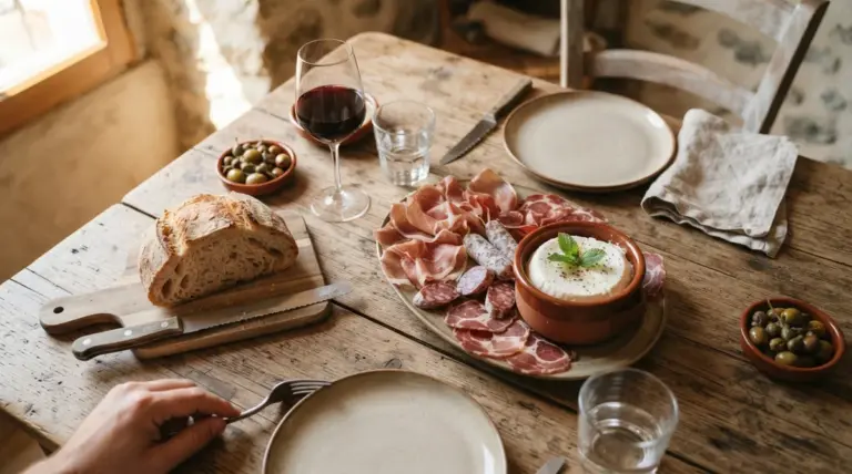 A rustic table holds a wine glass, bread, charcuterie, cheese, and olives set for a meal
