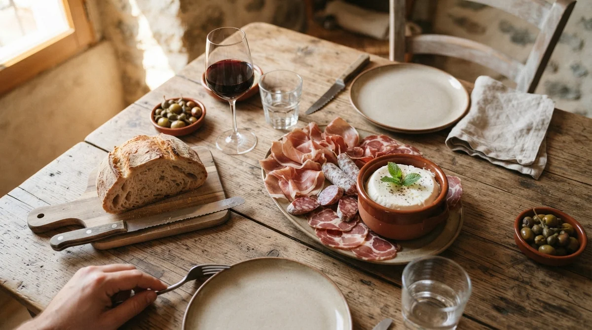 A rustic table holds a wine glass, bread, charcuterie, cheese, and olives set for a meal
