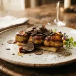 A beautifully plated, golden seared foie gras with rich black truffle shavings, presented on a rustic ceramic plate