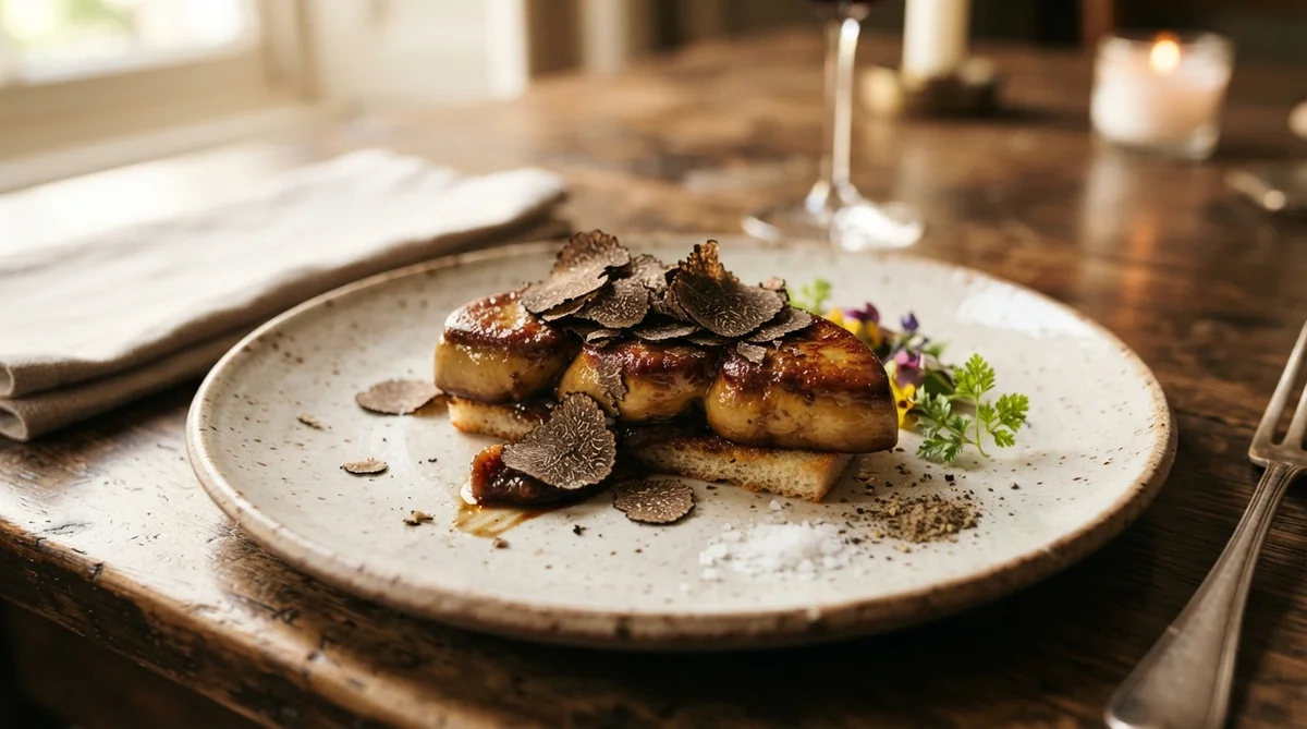 A beautifully plated, golden seared foie gras with rich black truffle shavings, presented on a rustic ceramic plate