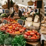 A woman stands behind a market stall overflowing with fresh tomatoes, herbs, various cheeses, and loaves of bread