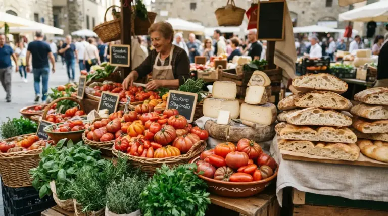 A woman stands behind a market stall overflowing with fresh tomatoes, herbs, various cheeses, and loaves of bread