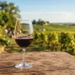 A glass of red wine sits on a wooden table overlooking a sunny vineyard and a stone building