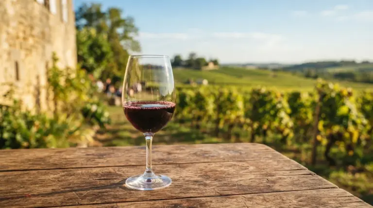 A glass of red wine sits on a wooden table overlooking a sunny vineyard and a stone building