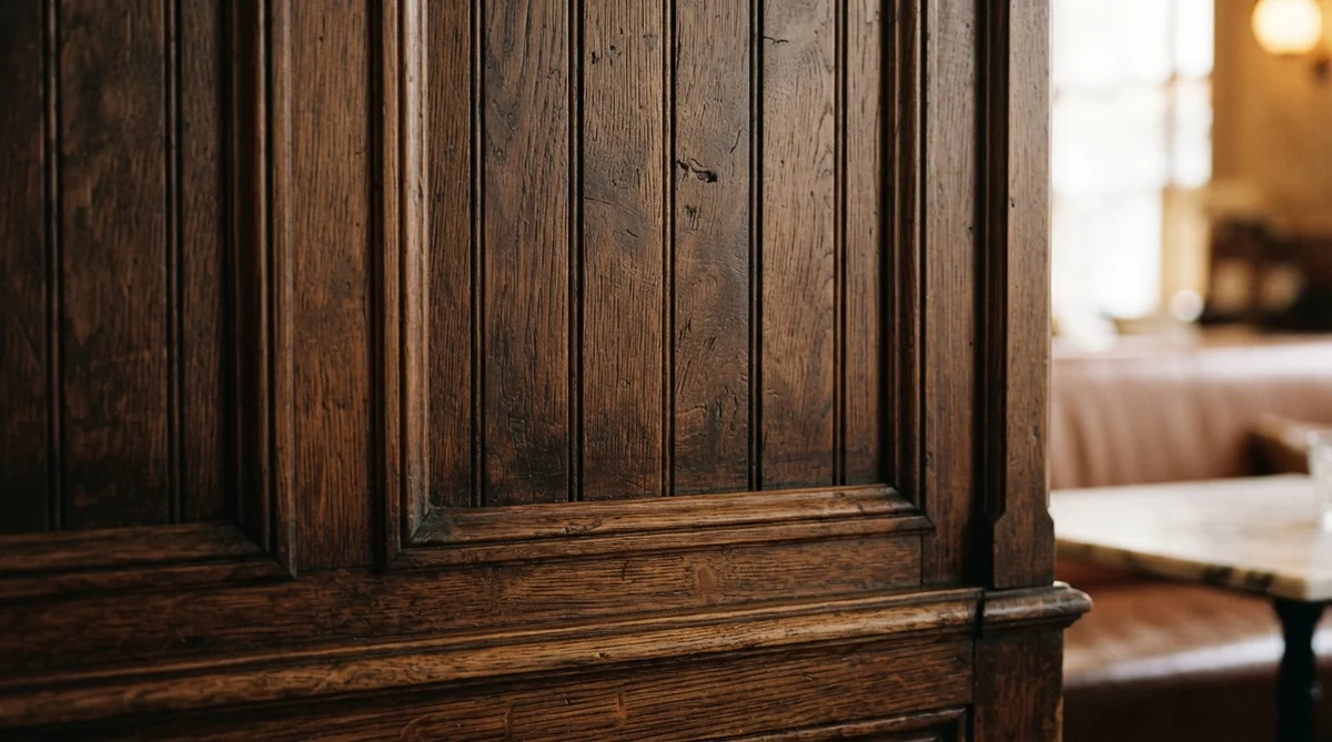 Dark wooden wainscoting with vertical panels serves as the foreground in a dimly lit room with blurred booth seating