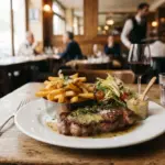 Steak frites with salad and a side of sauce on a wooden table in a busy restaurant