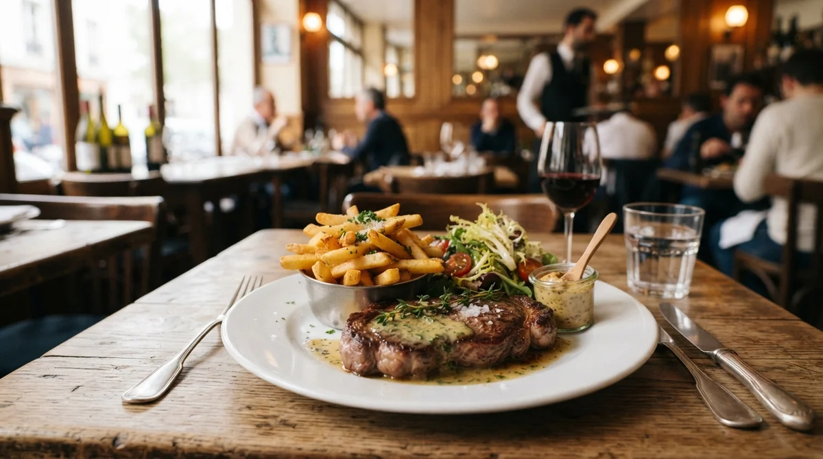 Steak frites with salad and a side of sauce on a wooden table in a busy restaurant