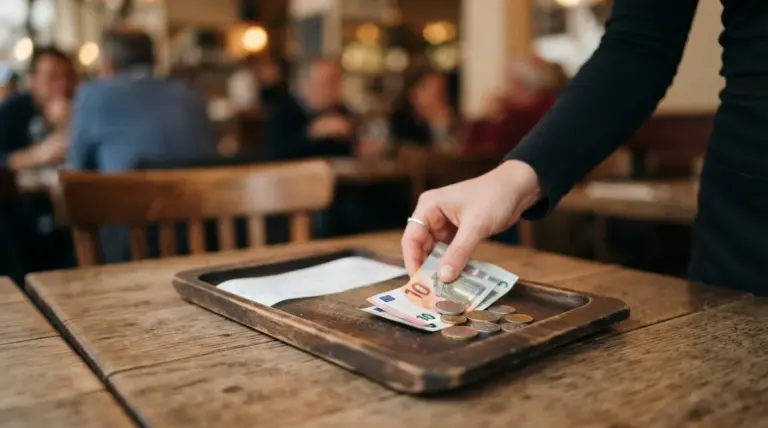 A person's hand placing euro banknotes and coins onto a wooden tray at a restaurant table