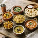 A close-up overhead view of diverse, beautifully arranged Indian culinary specialties on a rustic wooden table