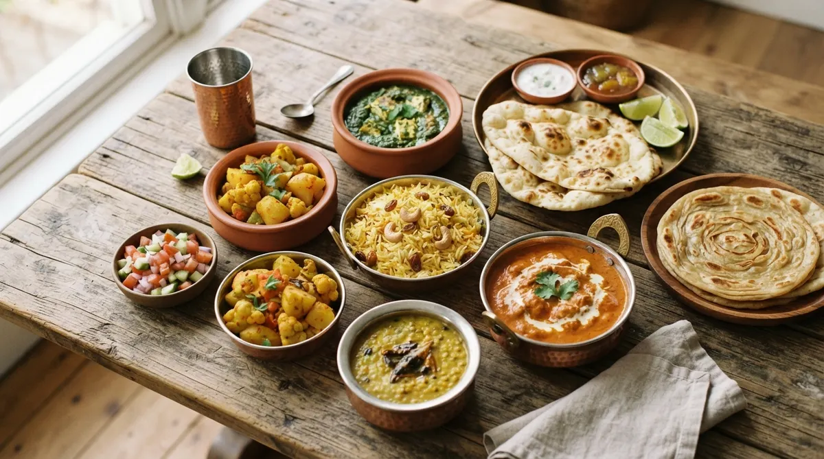 A close-up overhead view of diverse, beautifully arranged Indian culinary specialties on a rustic wooden table