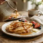 A rustic wooden table beautifully arranged with golden crêpes, generously drizzled with amber maple syrup from a traditional