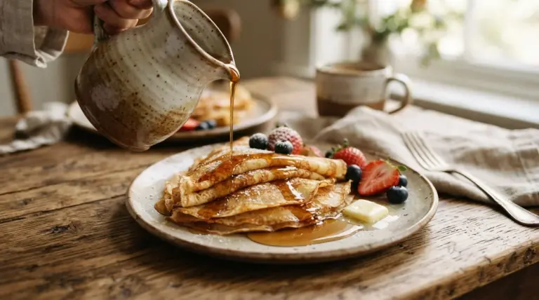 A rustic wooden table beautifully arranged with golden crêpes, generously drizzled with amber maple syrup from a traditional
