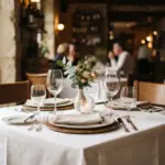 A beautifully set restaurant table for two, seen from an eye-level perspective