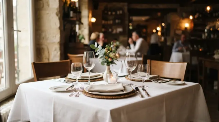 A beautifully set restaurant table for two, seen from an eye-level perspective