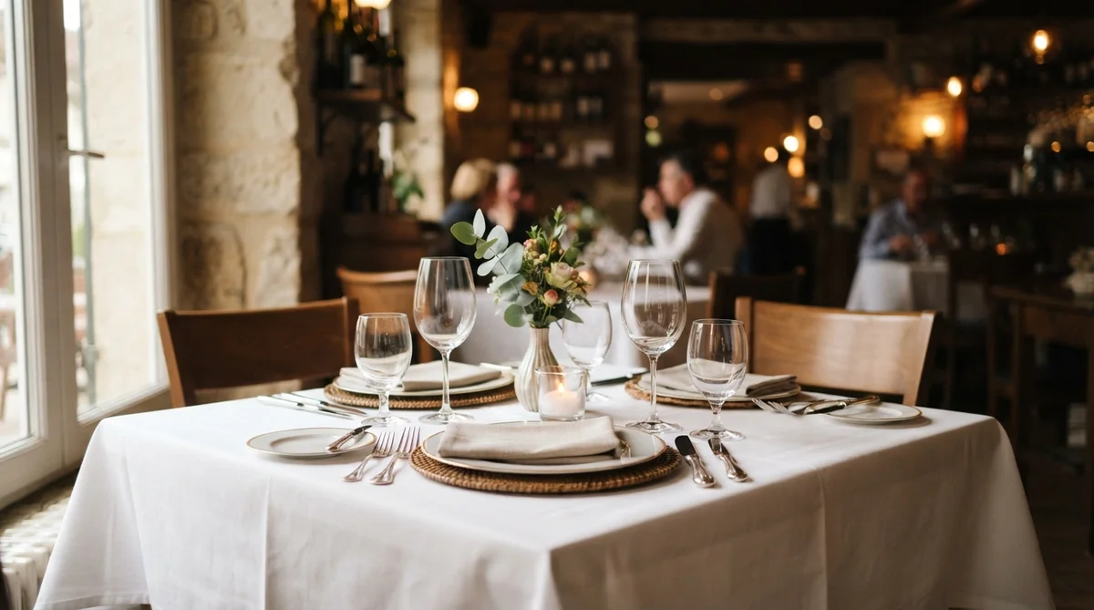 A beautifully set restaurant table for two, seen from an eye-level perspective