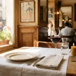 A sun-drenched, intimate table set for two inside a traditional French bistro