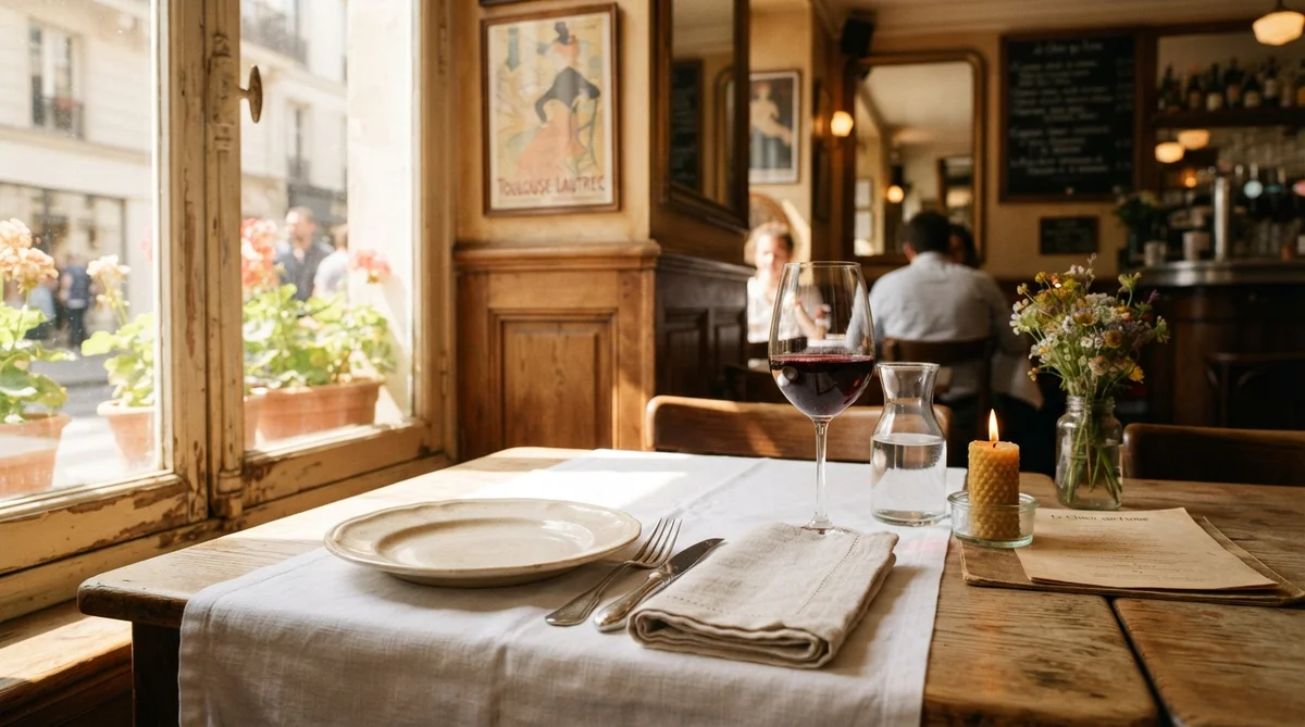 A sun-drenched, intimate table set for two inside a traditional French bistro
