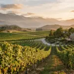 Vineyards stretch across a landscape toward a stone house backed by rolling mountains at golden hour