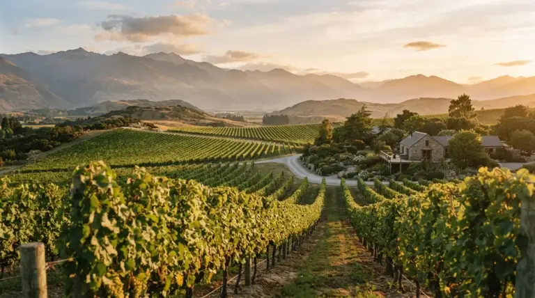 Vineyards stretch across a landscape toward a stone house backed by rolling mountains at golden hour