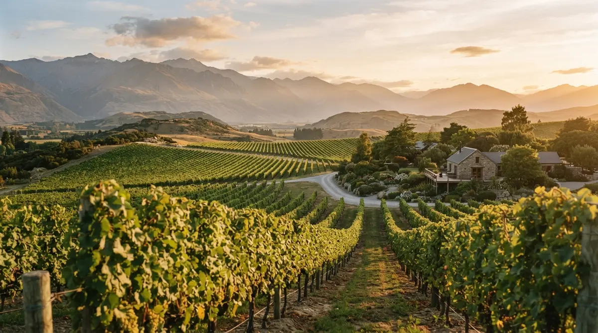 Vineyards stretch across a landscape toward a stone house backed by rolling mountains at golden hour