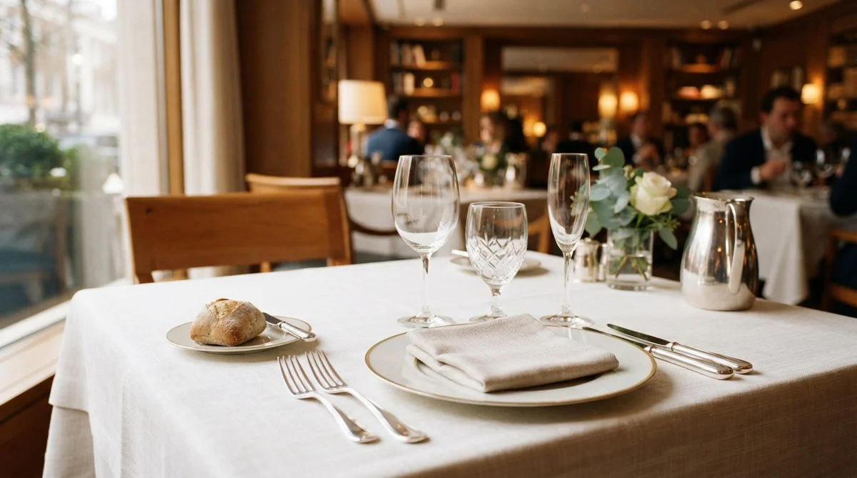 A meticulously set restaurant table viewed from a diner's perspective